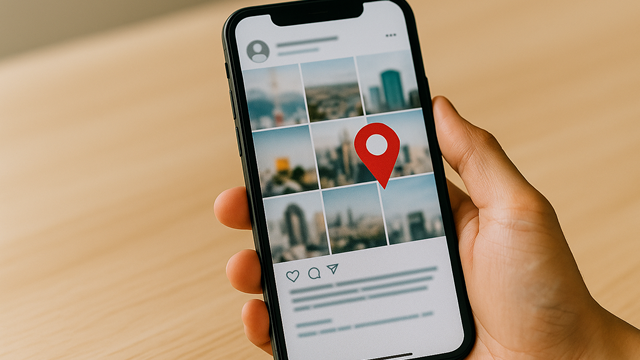 SNSの投稿を表示したスマホと地図ピンの手元