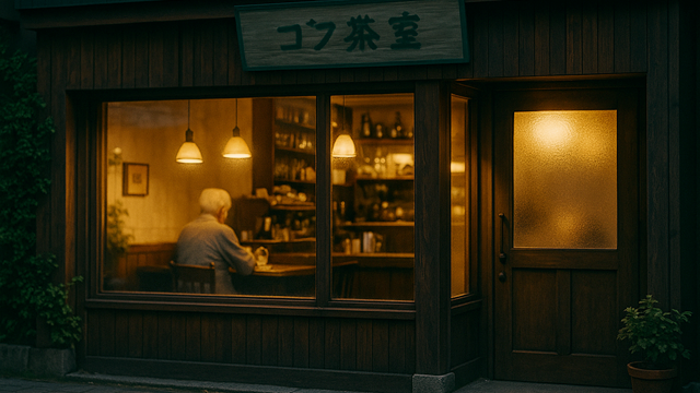 思い出の喫茶店の外観。看板文字は読めない程度に処理