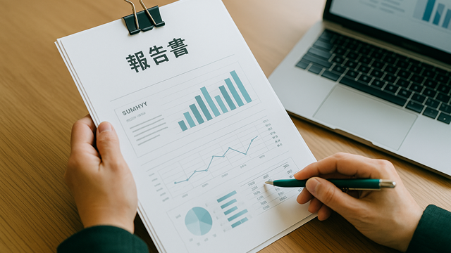 印刷した報告書を手に持って説明する手元