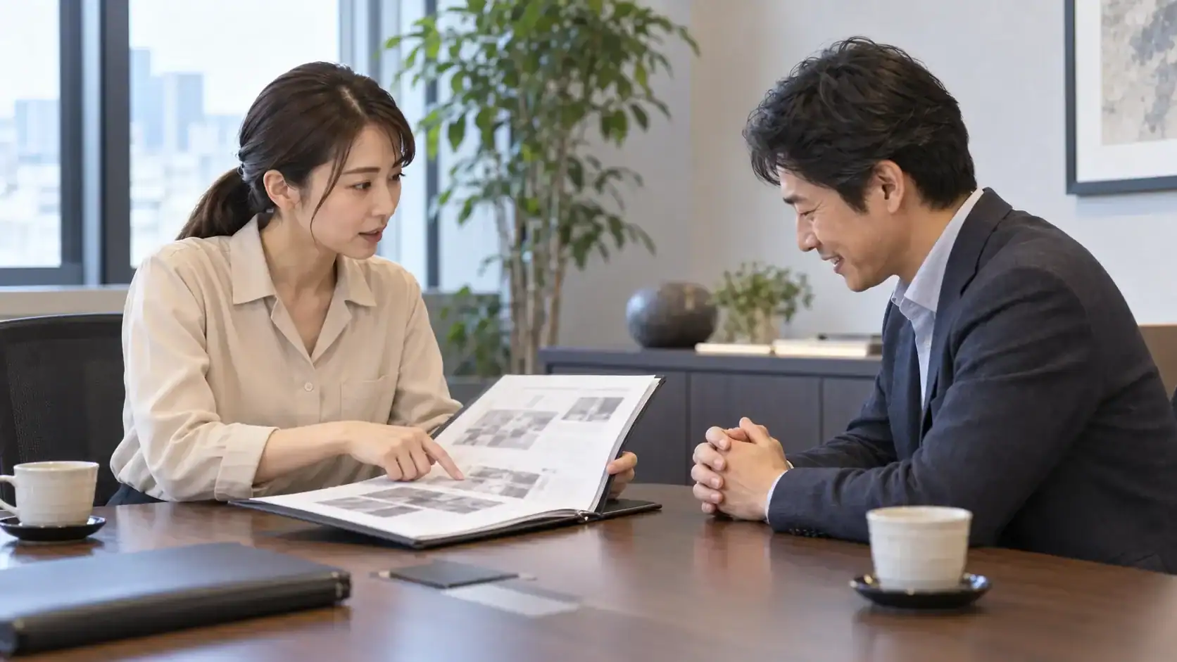 人探しの相談前に名前や写真などの手がかりを整理する依頼者と相談員