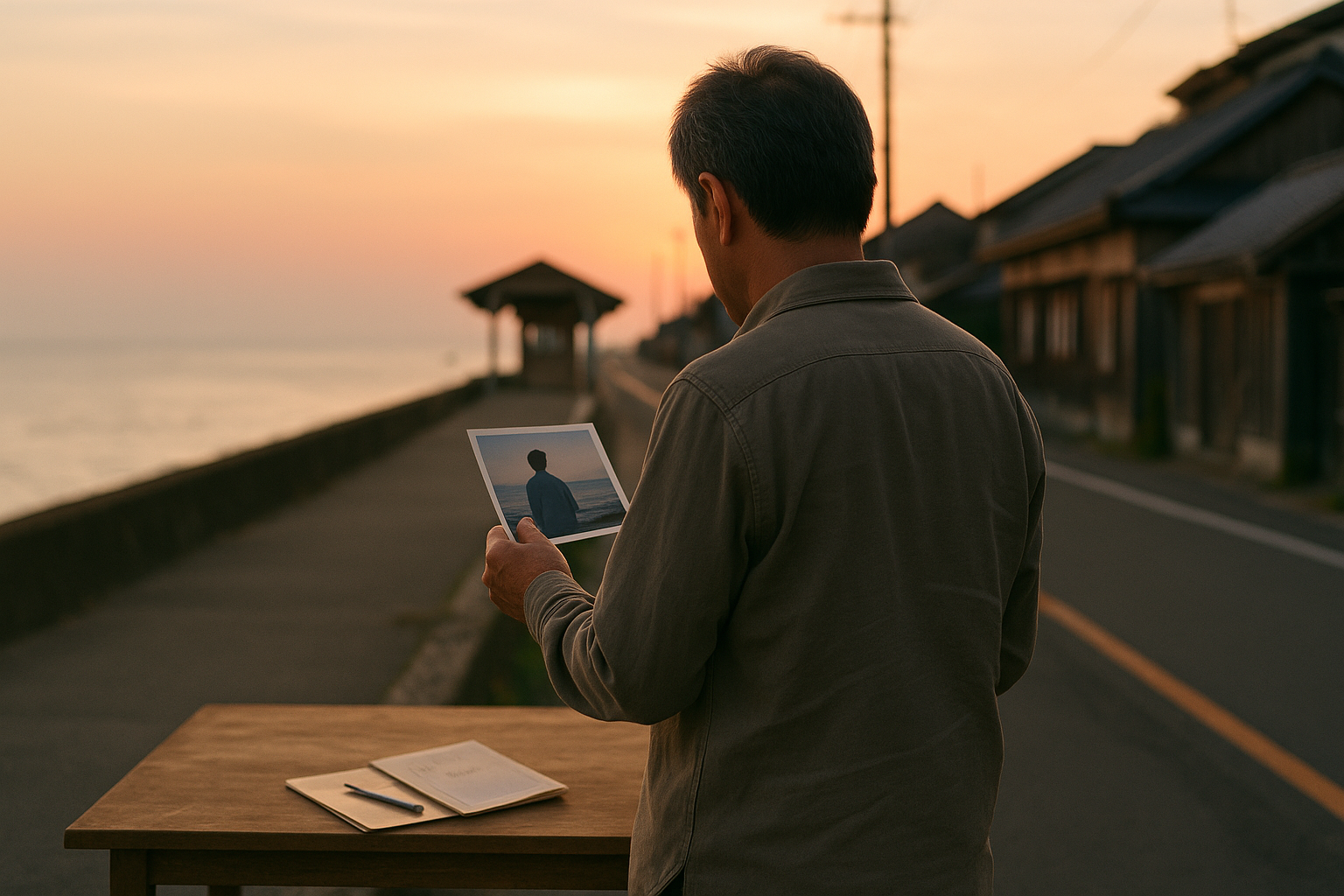 旅先で親切にしてくれた人を思い出す大人の後ろ姿のイメージ写真