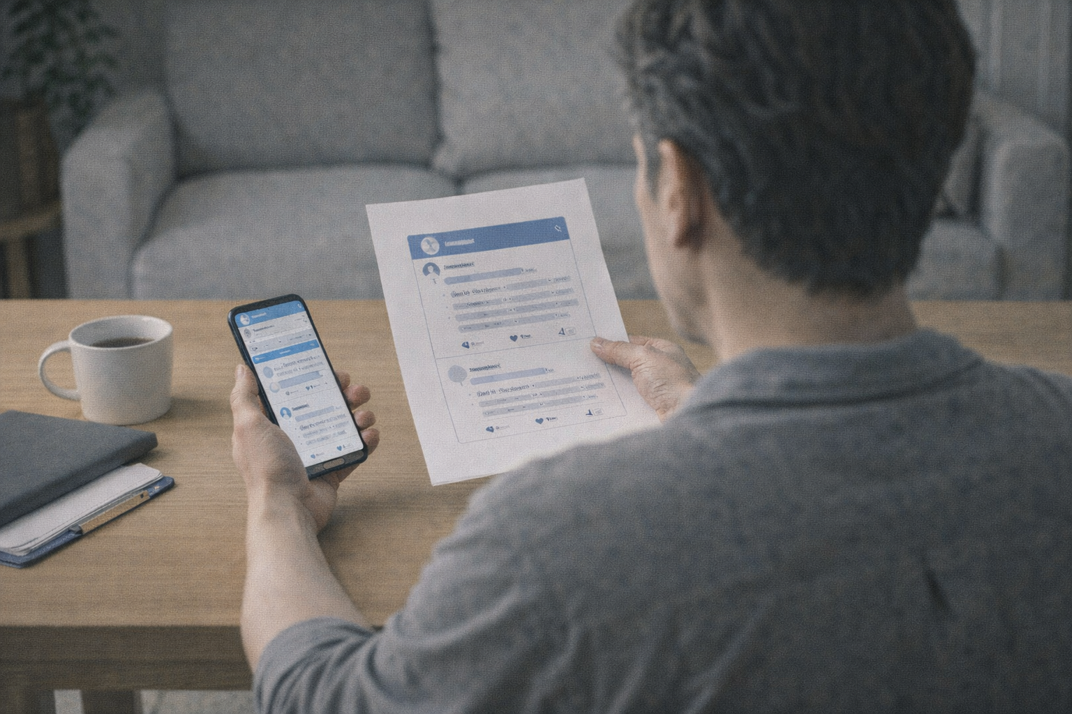 元交際相手や知人からの誹謗中傷に悩み、証拠を整理している様子(後ろ姿)