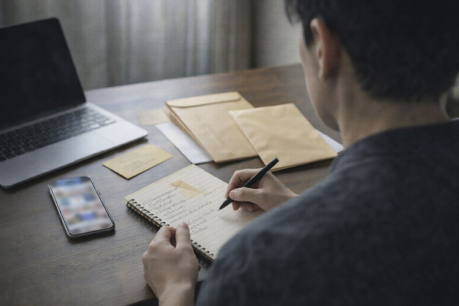 ネットの誹謗中傷に悩み、証拠を整理して相談準備をしている様子(後ろ姿)