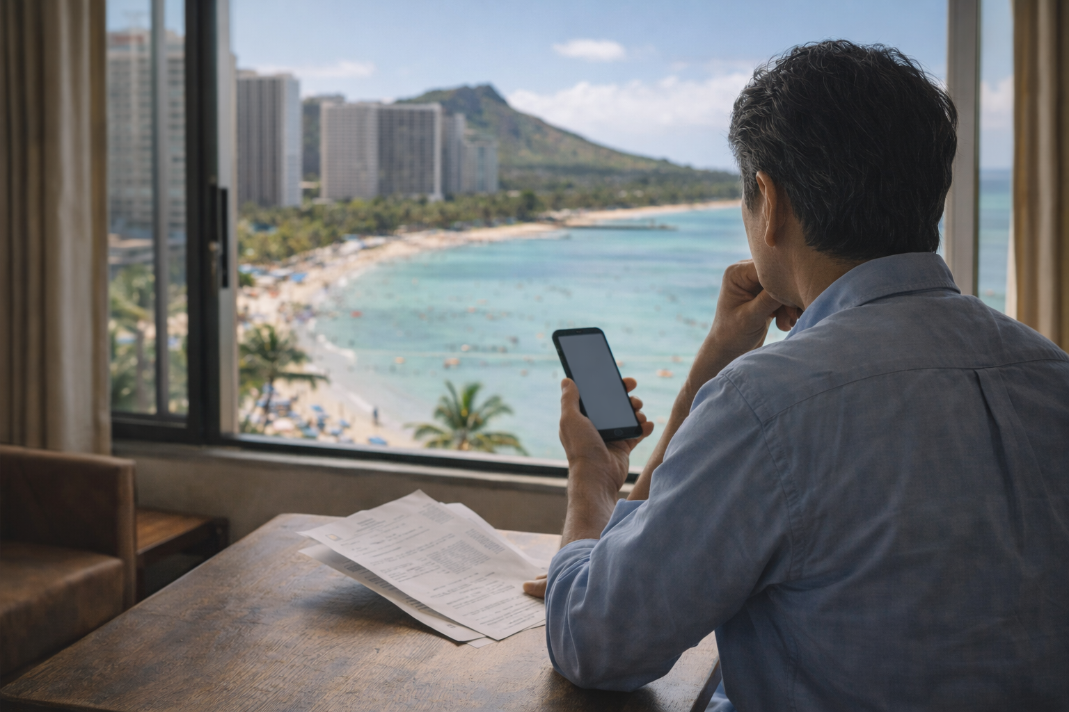 海外で連絡が取れず不安を抱える人物の後ろ姿