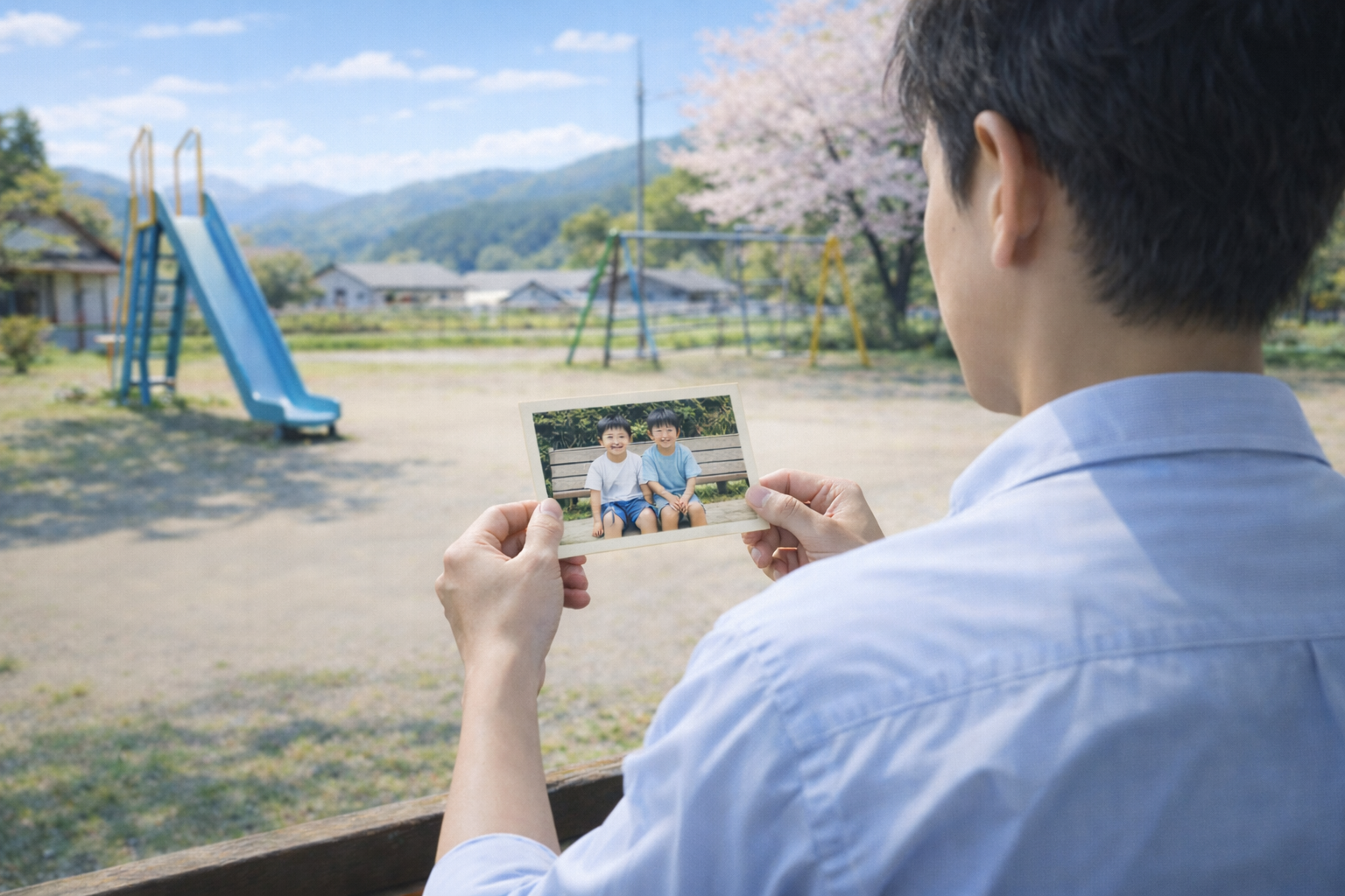 昔の写真や手紙を前に、幼馴染を探して会いたい気持ちを整理している様子(後ろ姿)