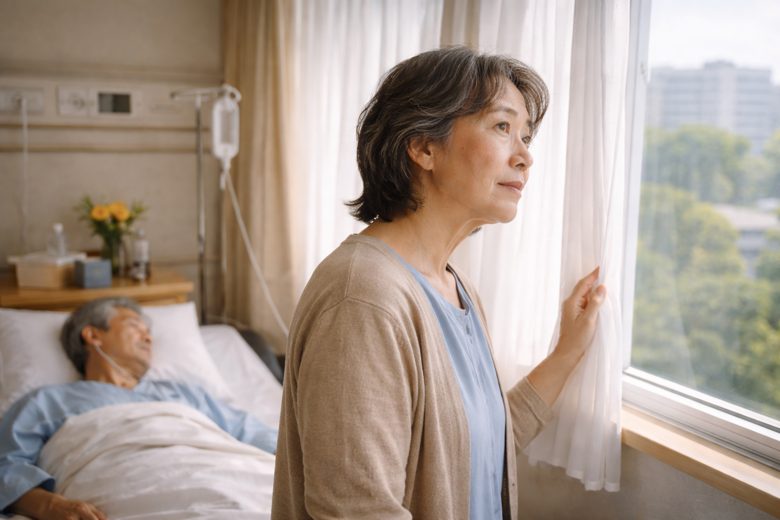 病院の窓辺や廊下で考え込む人物の後ろ姿(後ろ姿/シルエット)