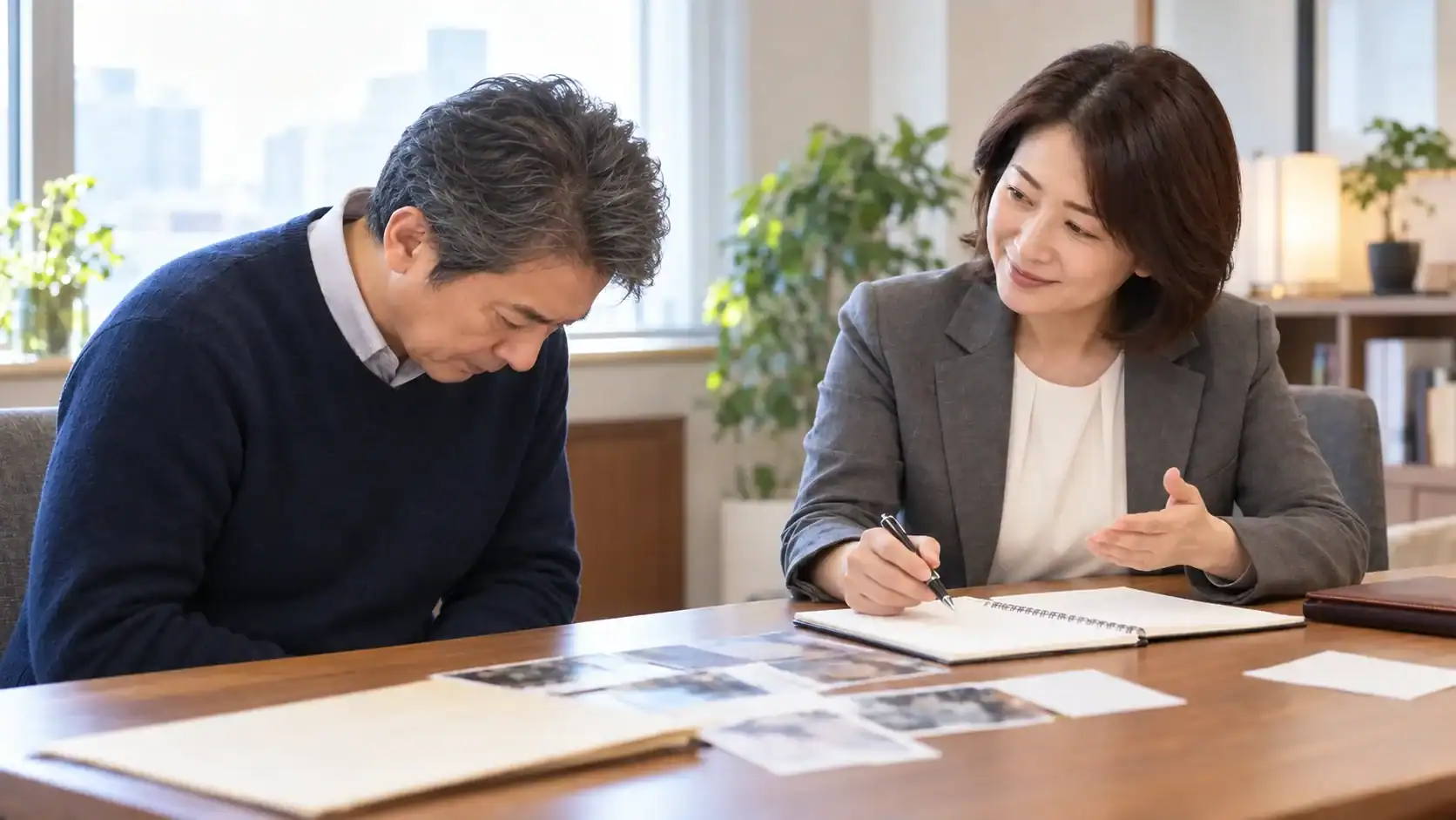 昔の手紙や写真を見直して人探しの相談資料を準備する様子