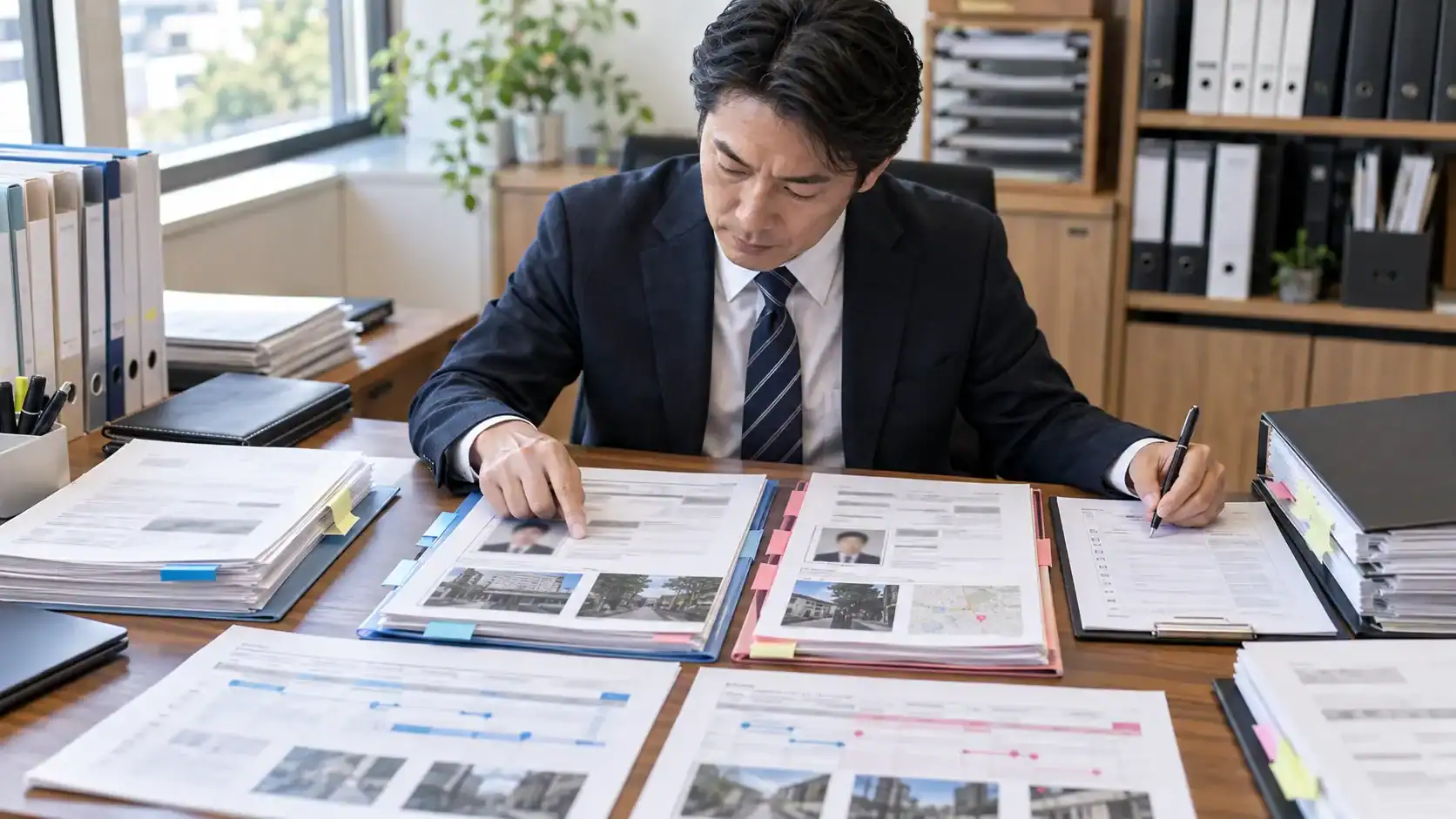 浮気相手の所在確認に向けて資料と時系列メモを整理する依頼者と相談員