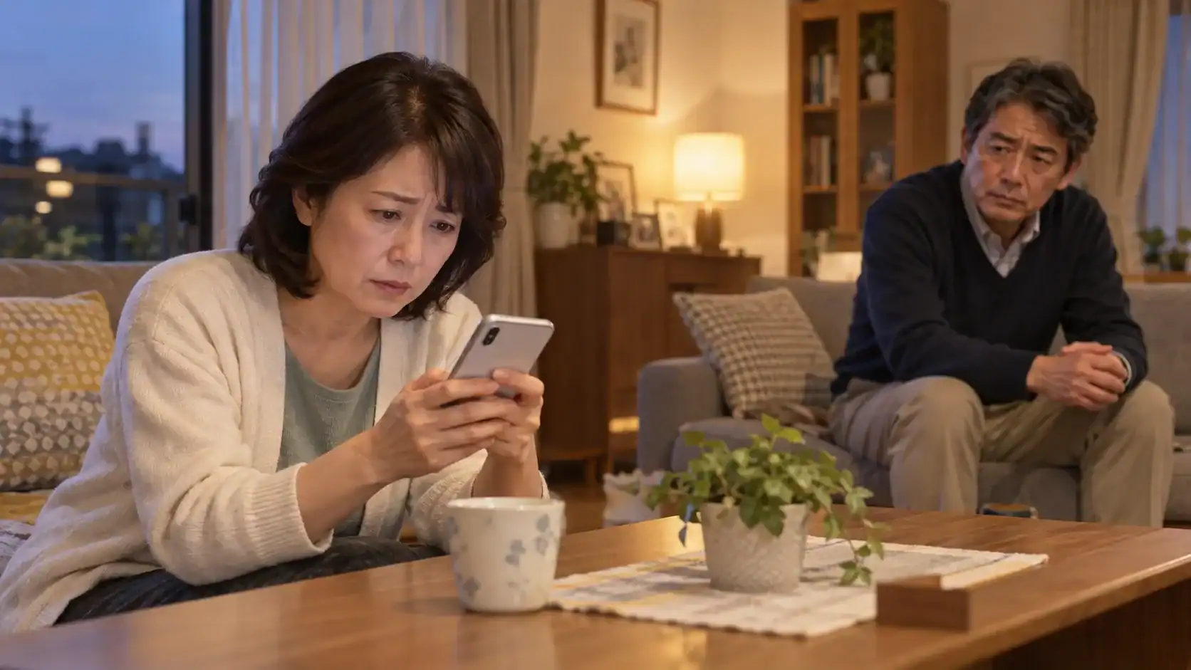 一人暮らしの娘からの連絡を待ちながらスマートフォンを見る母親
