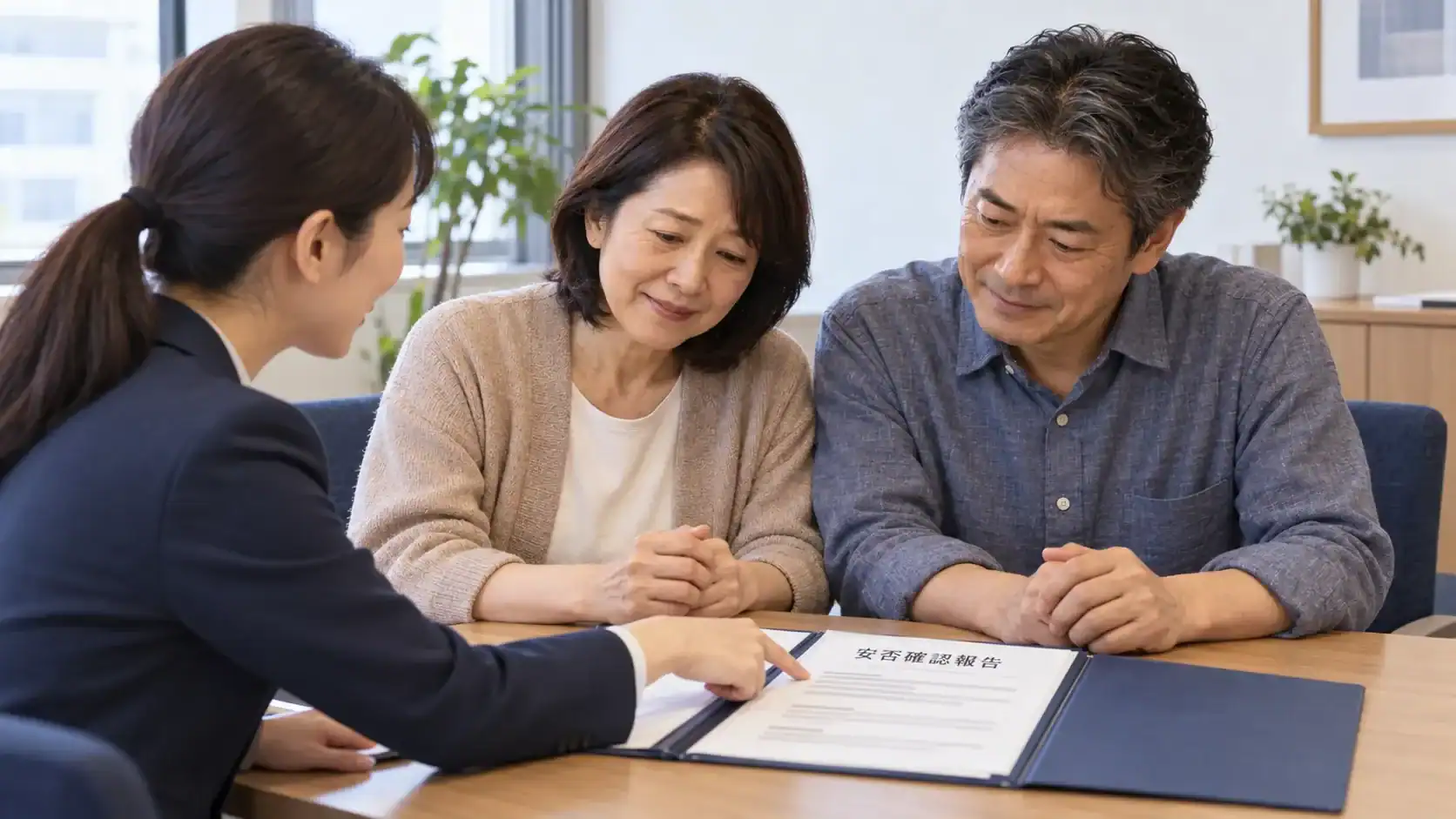 安否確認の結果を写真付きの報告書にまとめる調査員