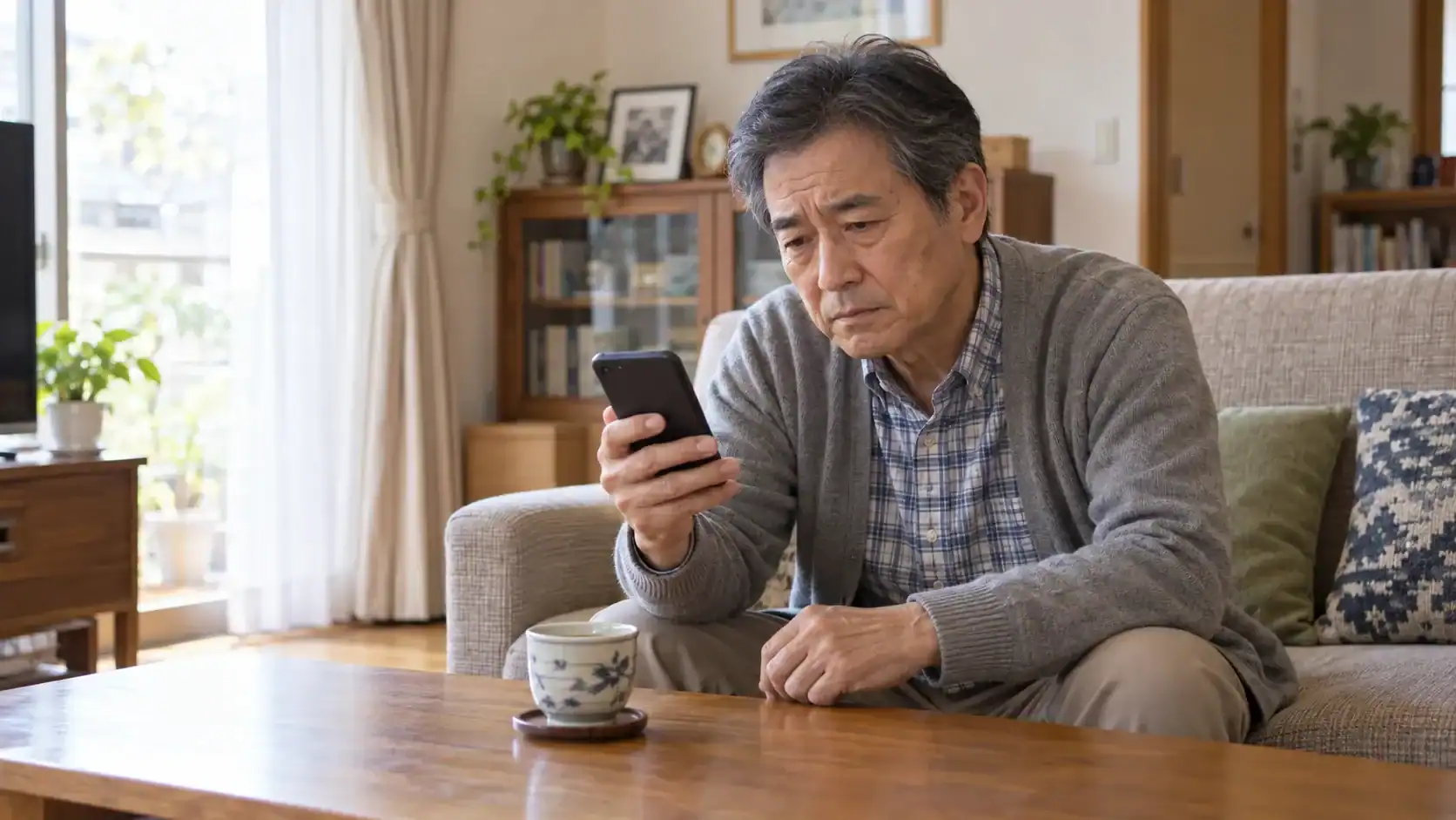 連絡してこない成人の息子を思い、電話を見つめる父親