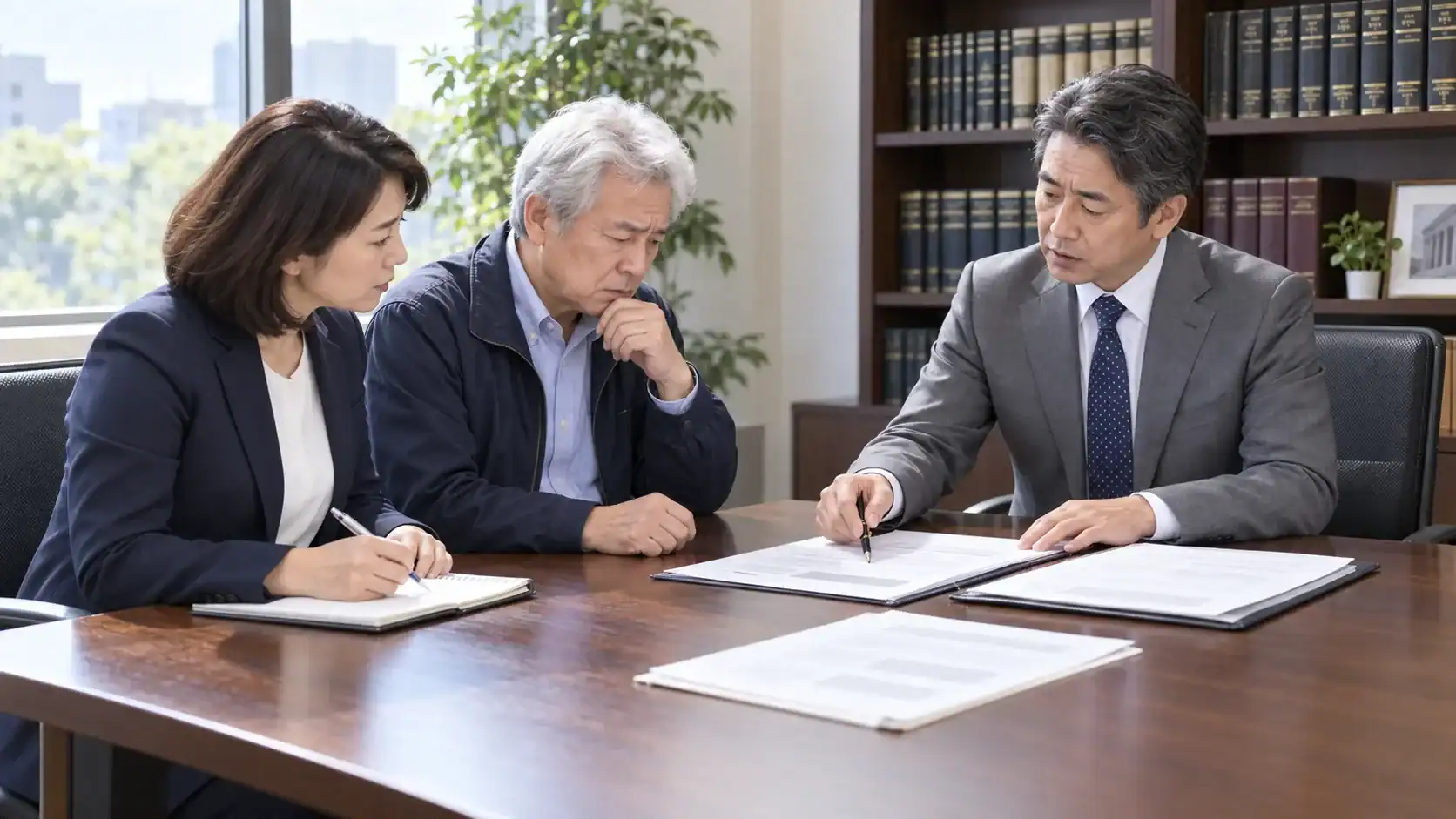 返送された郵便と時系列メモを確認しながら住所調査について相談する依頼者と相談員