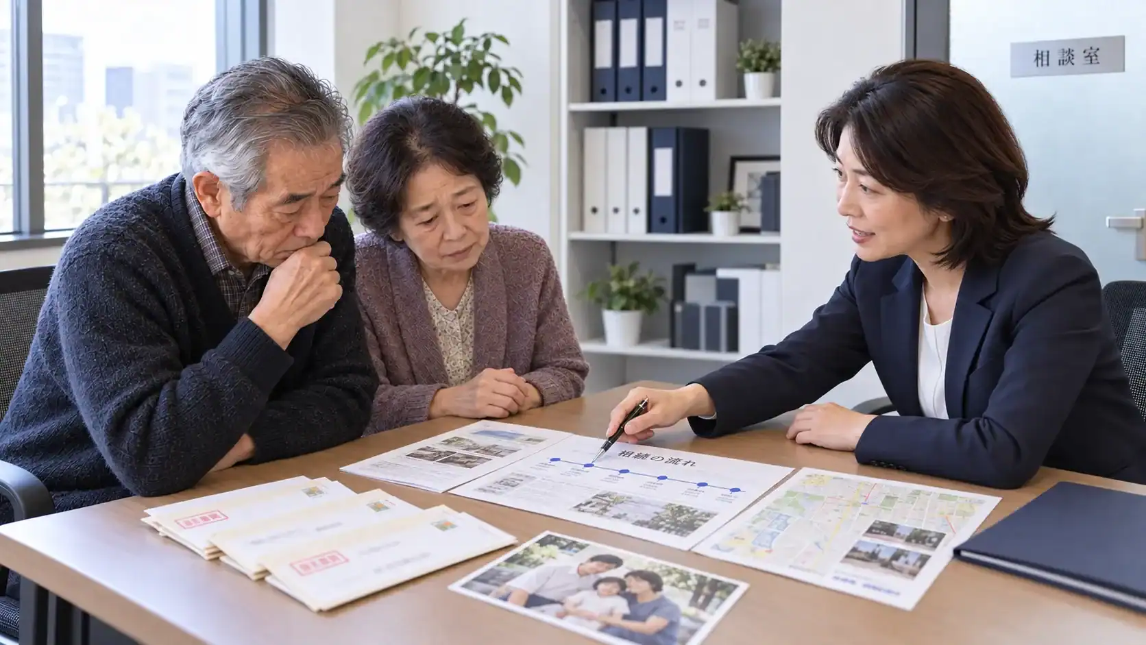 息子夫婦への手紙と手がかりを相談員と一緒に整理する夫婦